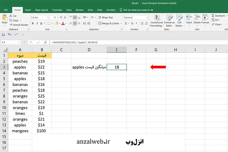 محاسبه میانگین در اکسل با تابع