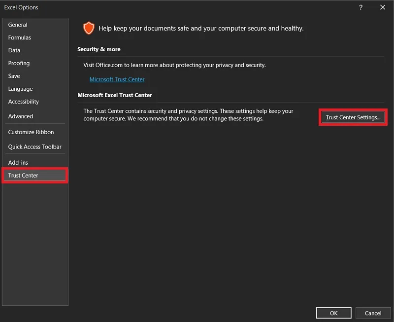 تنظیمات Trust center settings اکسل
