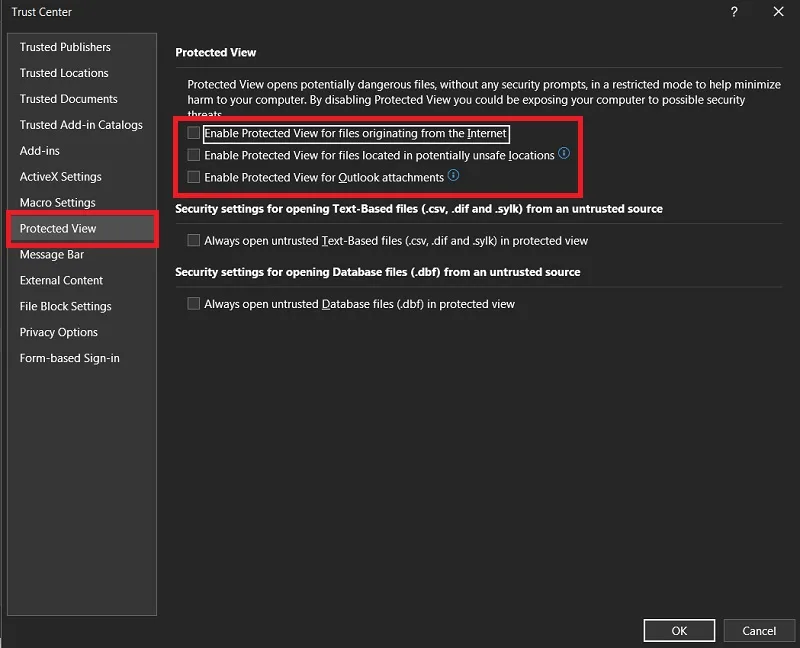 تغییر تنظیمات Protected view برای ارور اکسل the file is corrupted 