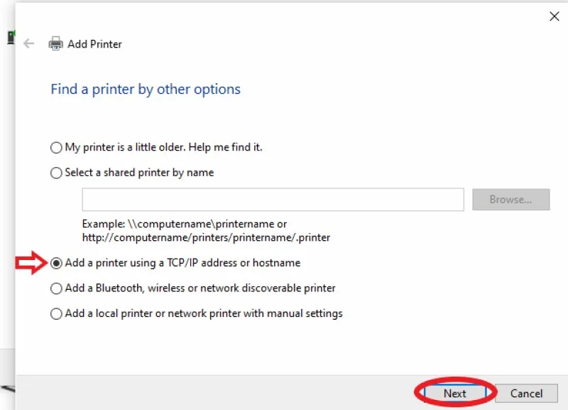 گزینه Add a printer using an IP address or hostname در تنظیمات افزودن پرینتر به ویندوز